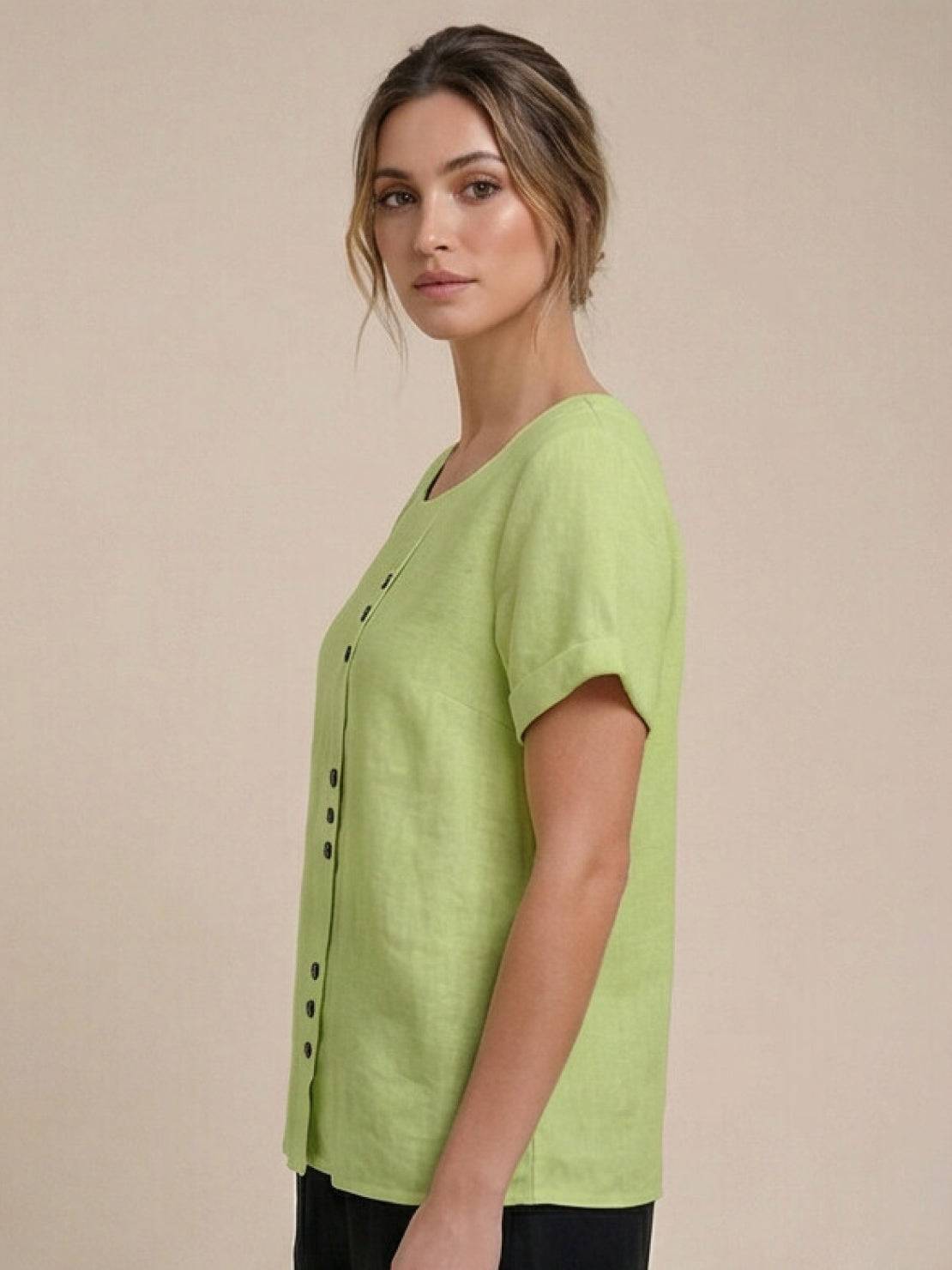 Joy | Linen Button Round Neck Blouse