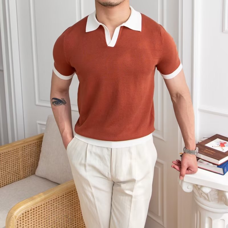 Khen | Men’s Short Sleeve Knitted Polo Shirt with Ribbed Cuffs