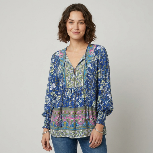 Diane | Women's Boho Floral Long Sleeve Peasant Top