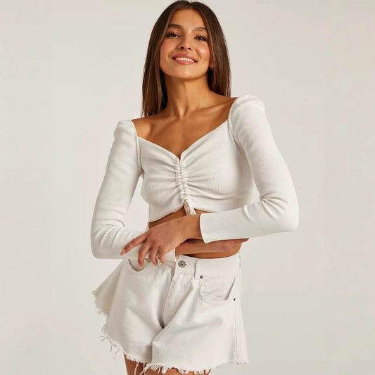 Floryn | Women Long Sleeve Ruched Crop Top