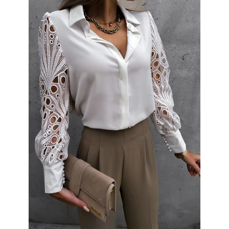 Janelle | Women’s Lace Sleeve V-Neck Blouse with Button-Up Front