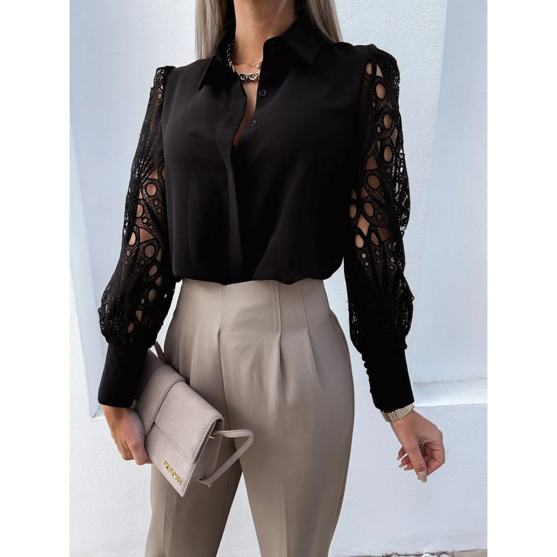 Janelle | Women’s Lace Sleeve V-Neck Blouse with Button-Up Front