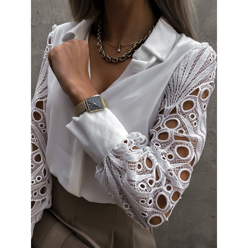 Janelle | Women’s Lace Sleeve V-Neck Blouse with Button-Up Front