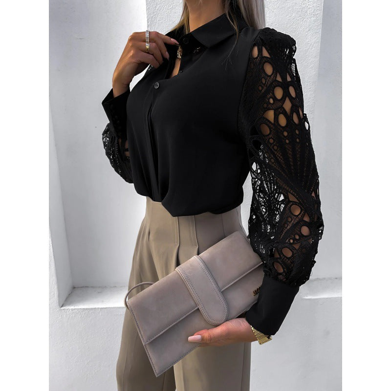 Janelle | Women’s Lace Sleeve V-Neck Blouse with Button-Up Front