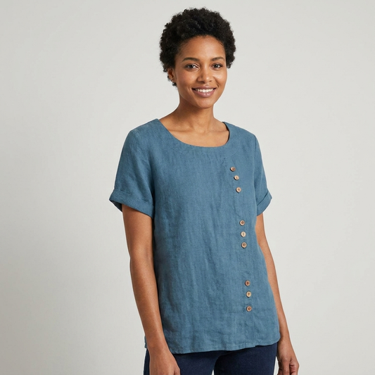 Joy | Linen Button Round Neck Blouse