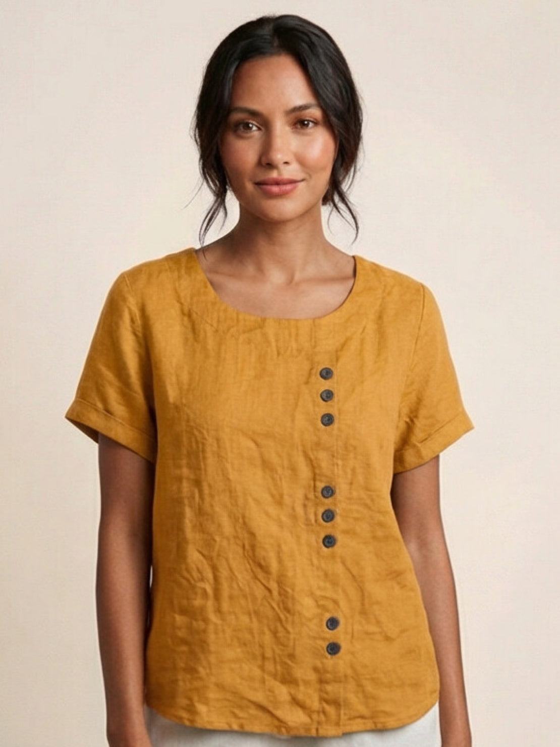 Joy | Linen Button Round Neck Blouse