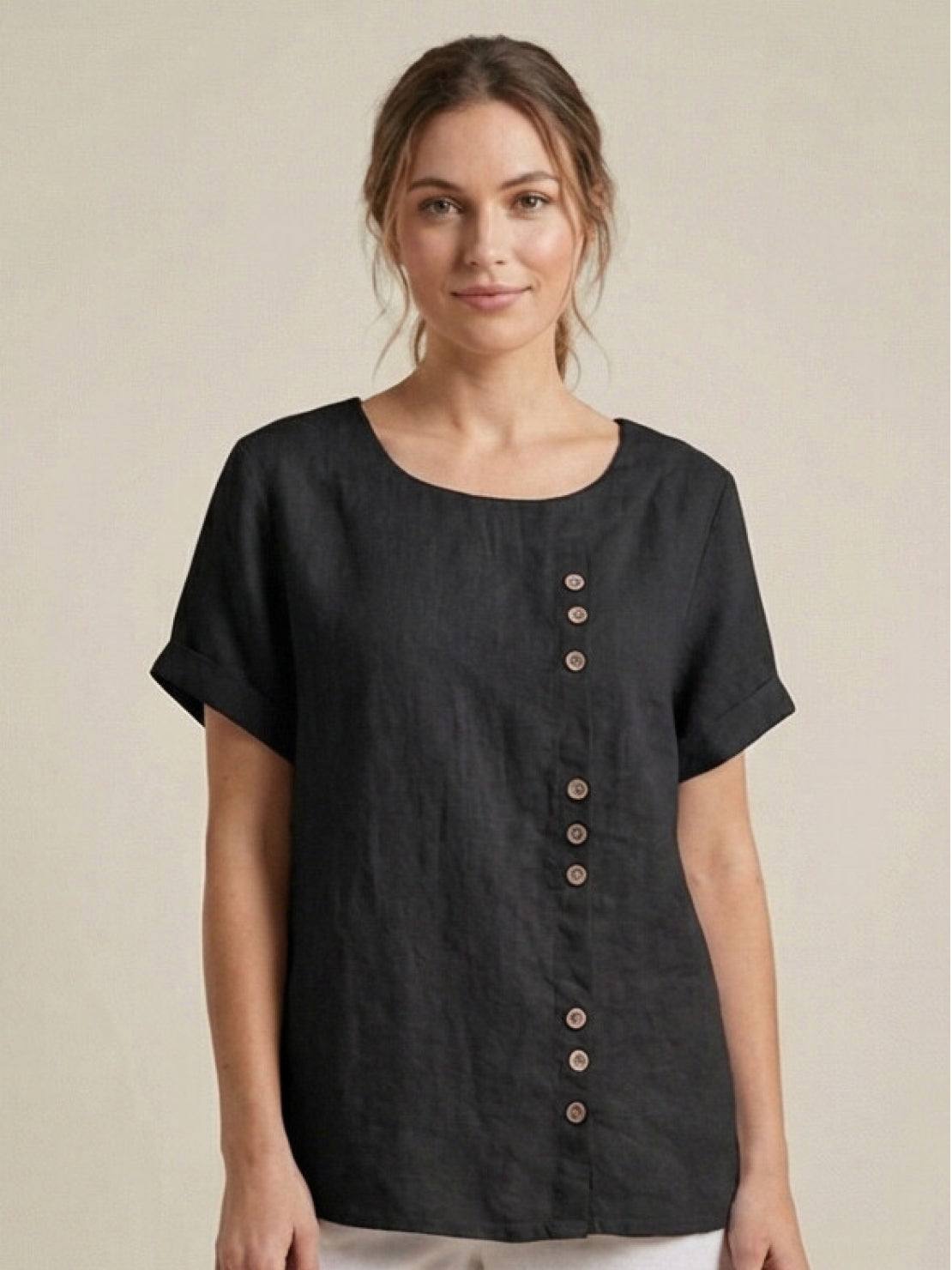 Joy | Linen Button Round Neck Blouse