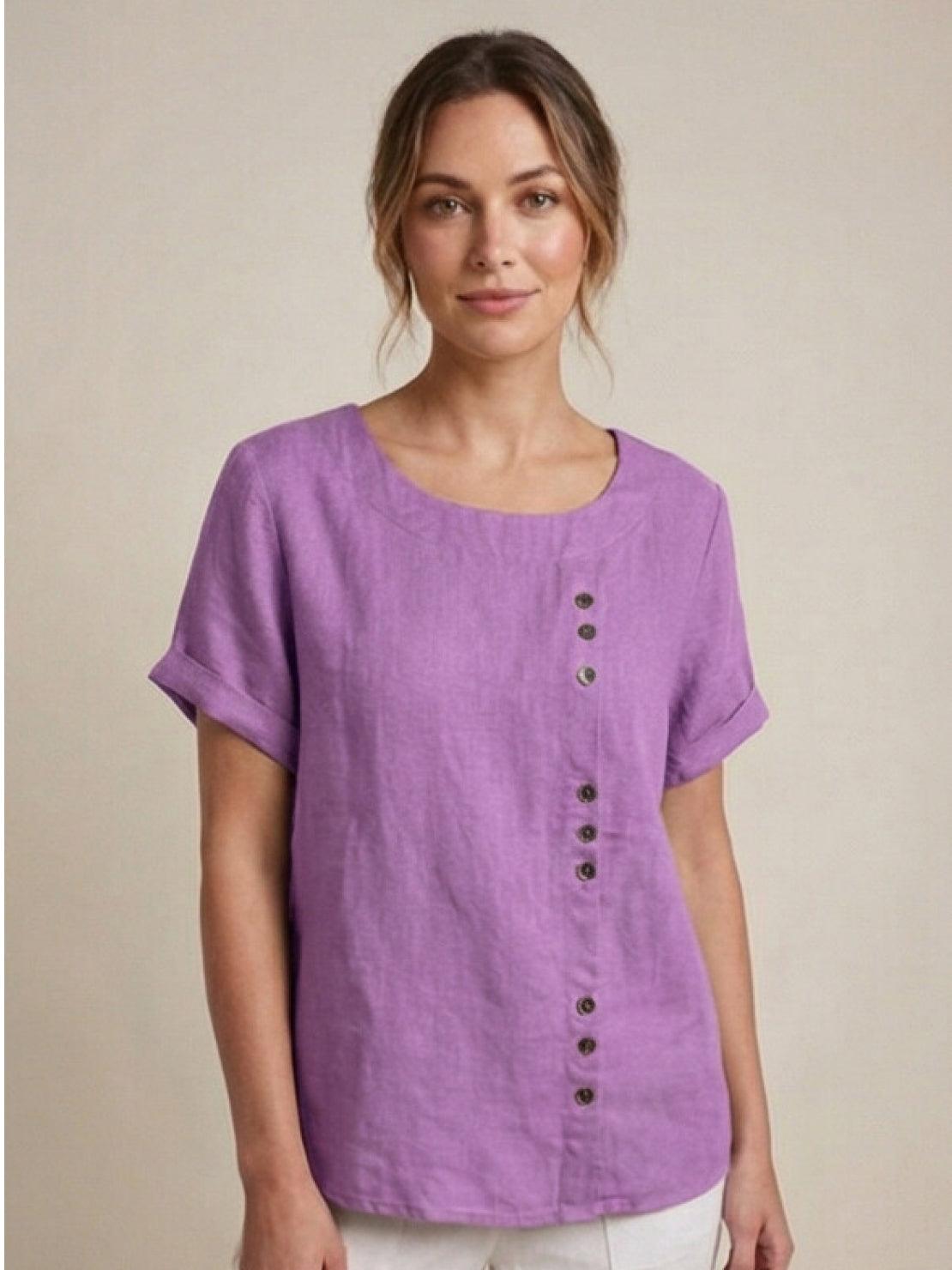 Joy | Linen Button Round Neck Blouse