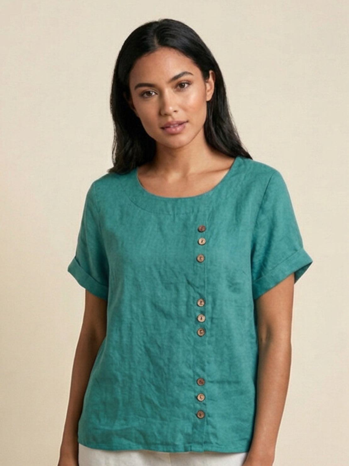 Joy | Linen Button Round Neck Blouse