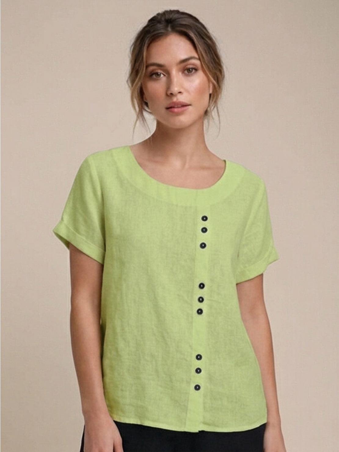 Joy | Linen Button Round Neck Blouse