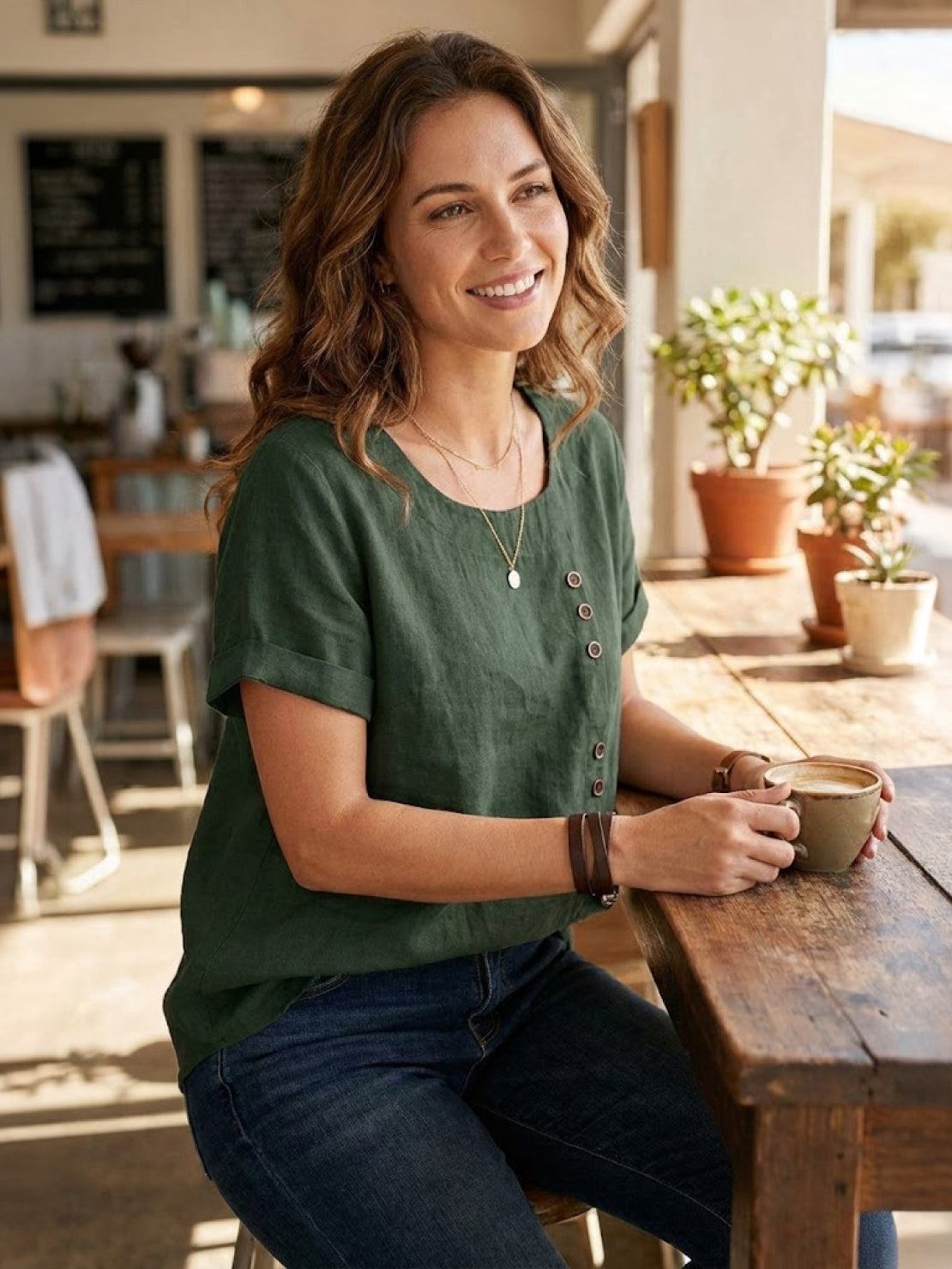 Joy | Linen Button Round Neck Blouse