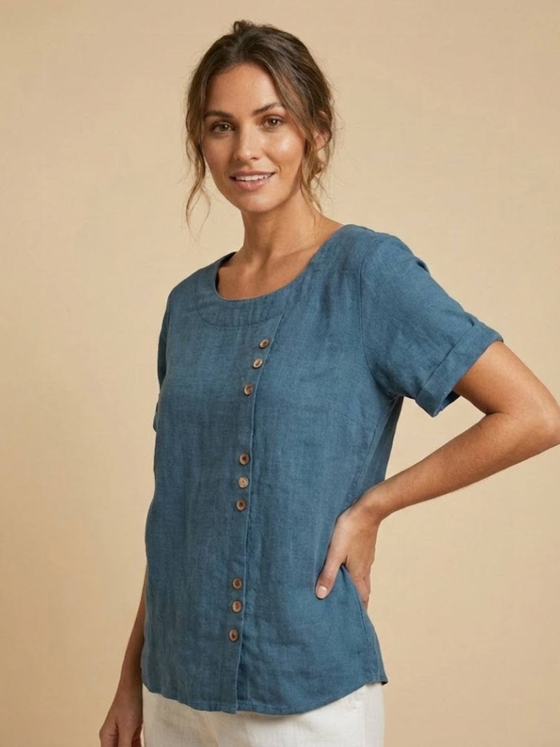 Joy | Linen Button Round Neck Blouse