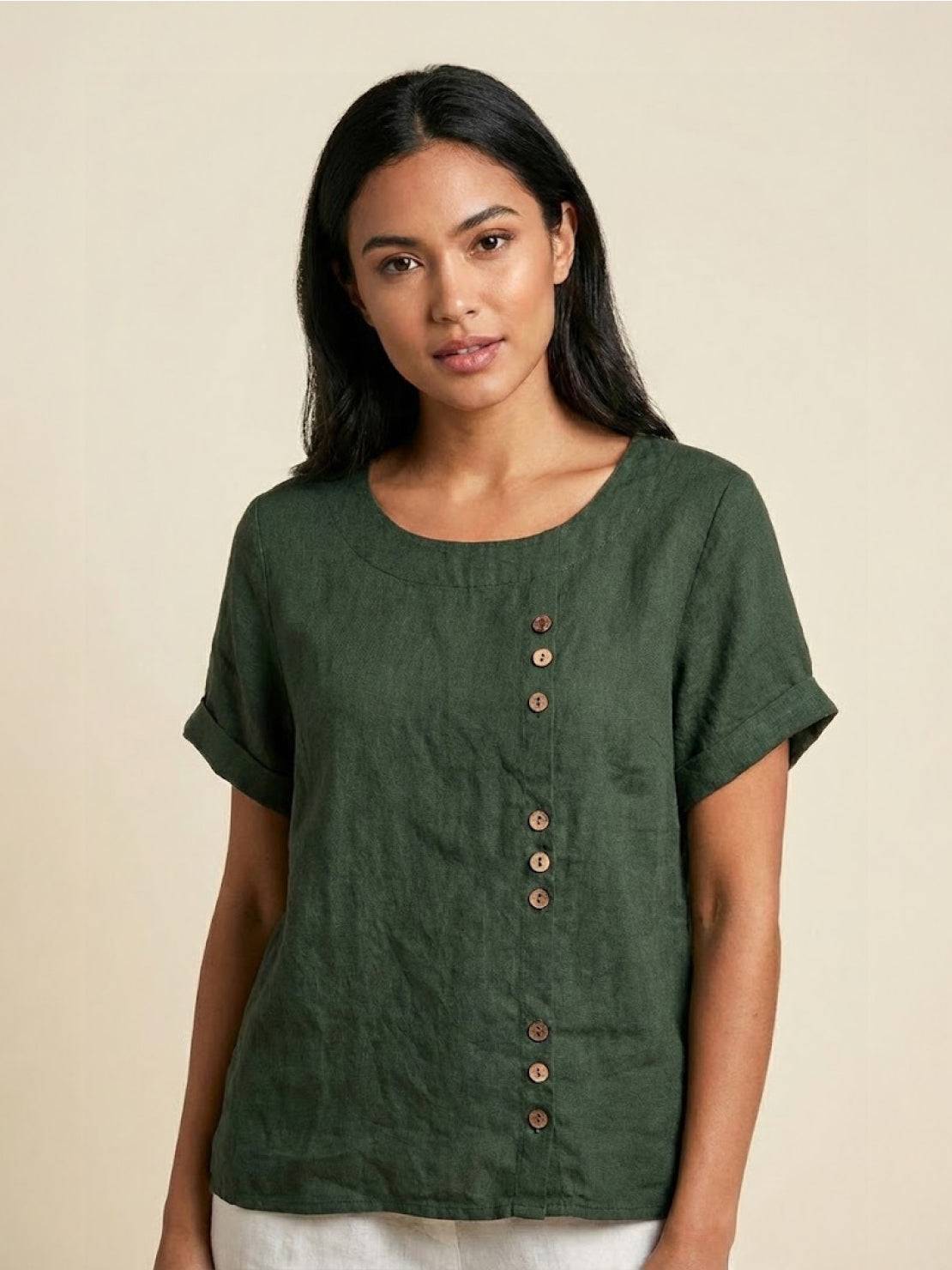 Joy | Linen Button Round Neck Blouse