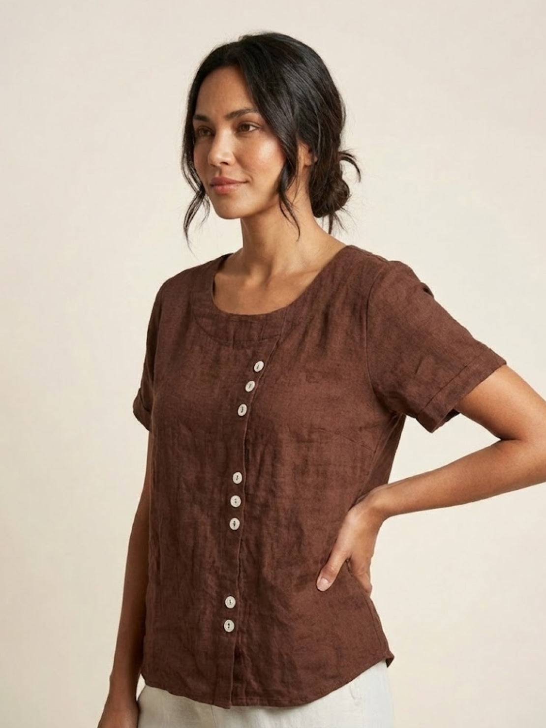 Joy | Linen Button Round Neck Blouse