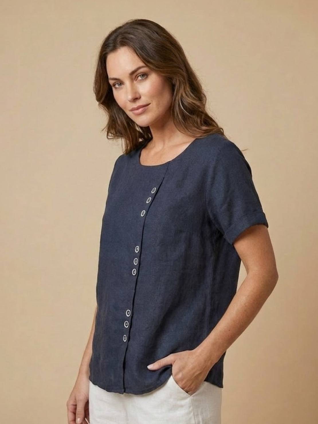 Joy | Linen Button Round Neck Blouse
