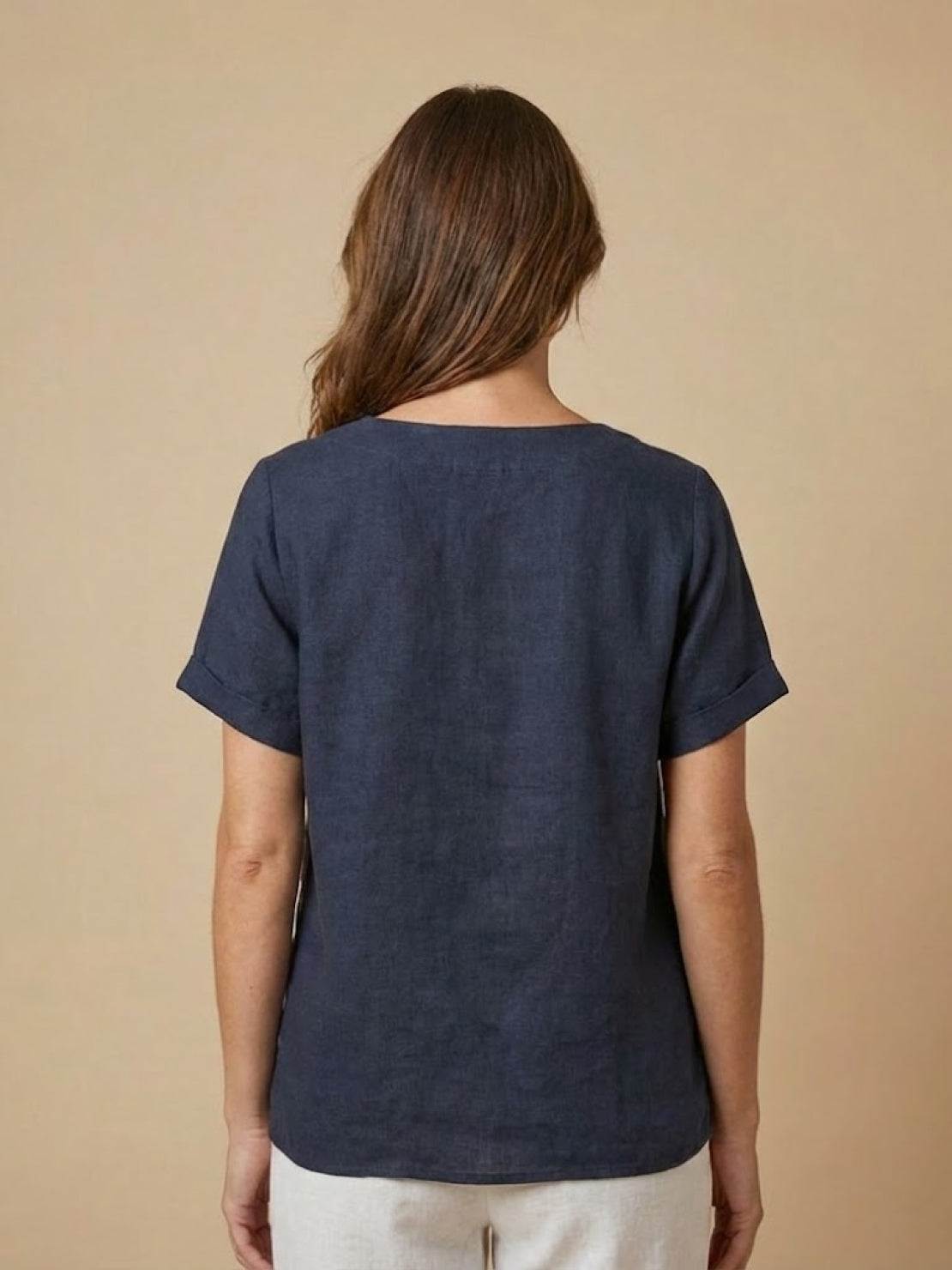 Joy | Linen Button Round Neck Blouse