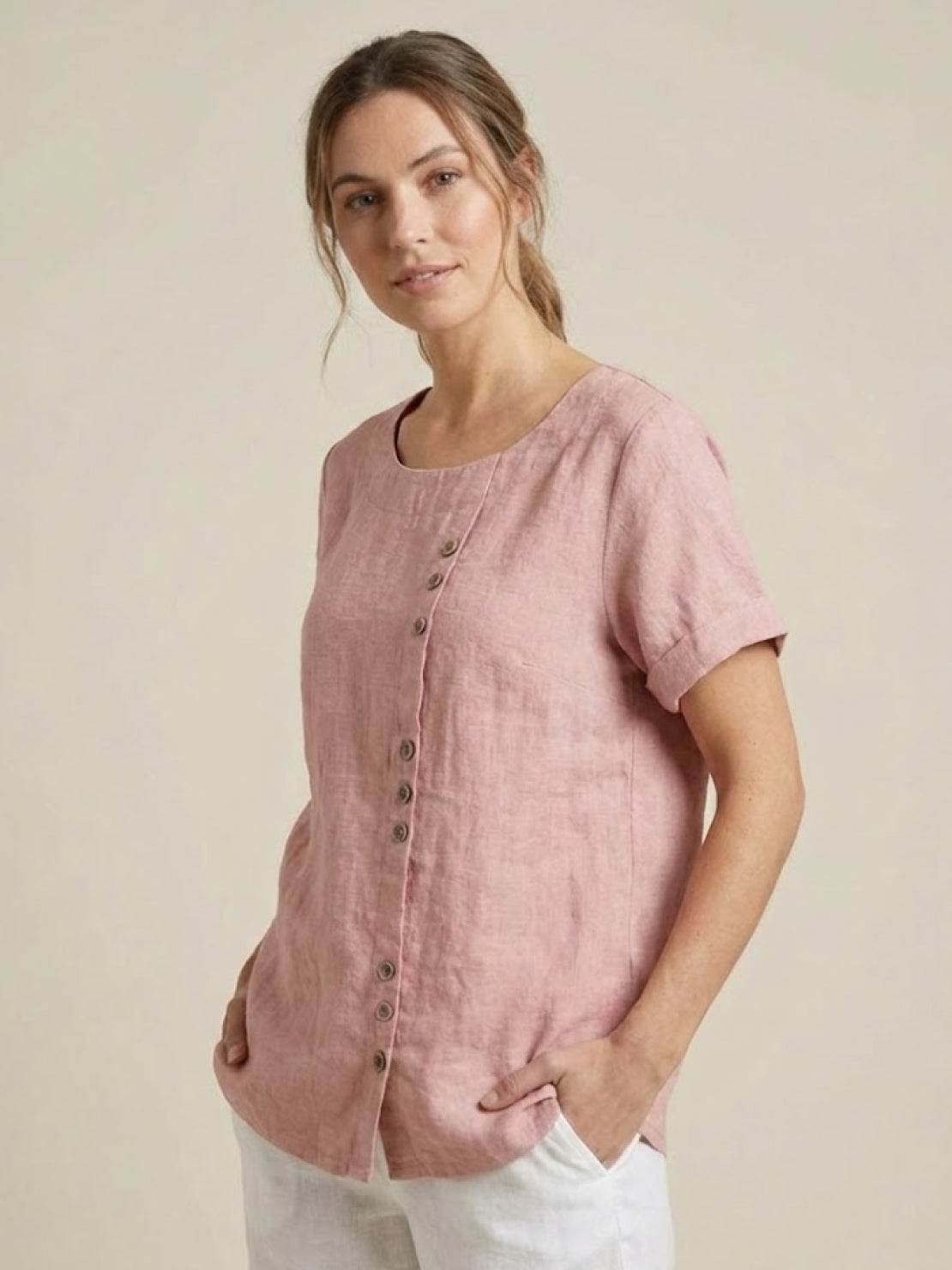 Joy | Linen Button Round Neck Blouse