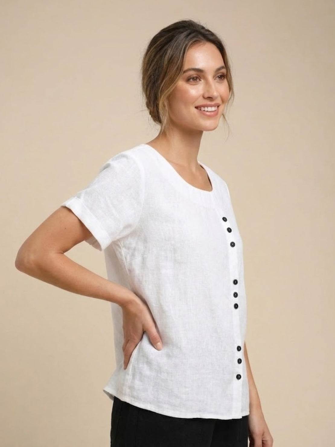 Joy | Linen Button Round Neck Blouse