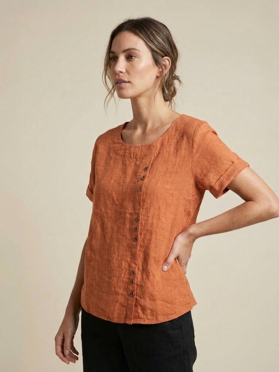 Joy | Linen Button Round Neck Blouse