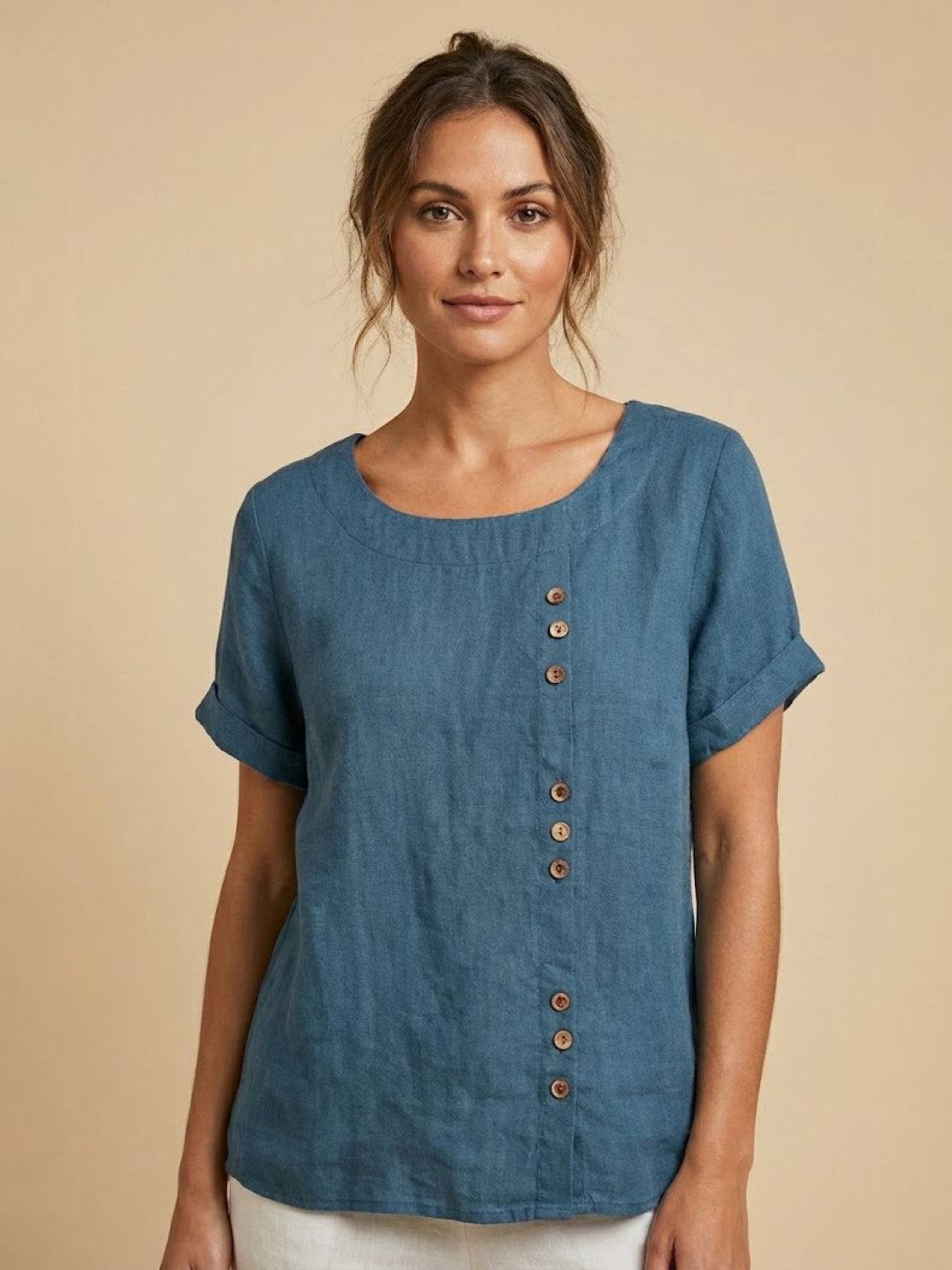 Joy | Linen Button Round Neck Blouse