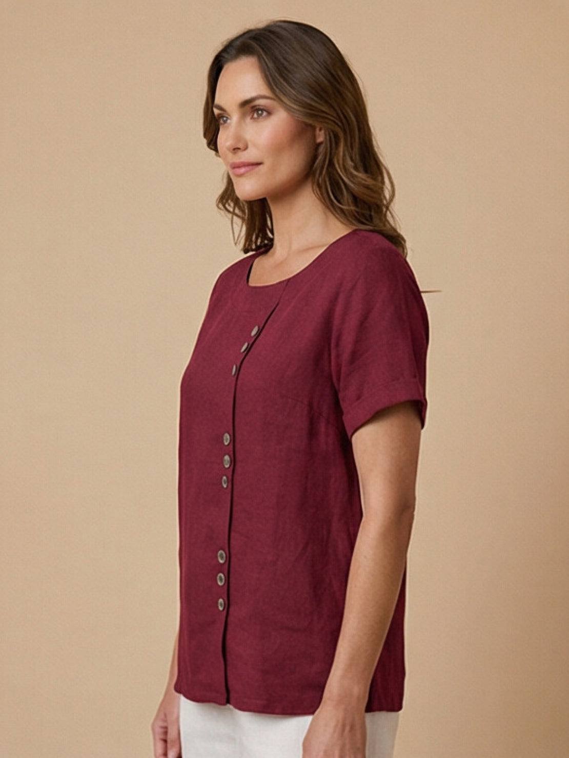 Joy | Linen Button Round Neck Blouse