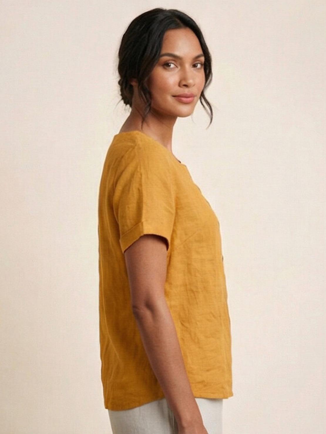 Joy | Linen Button Round Neck Blouse