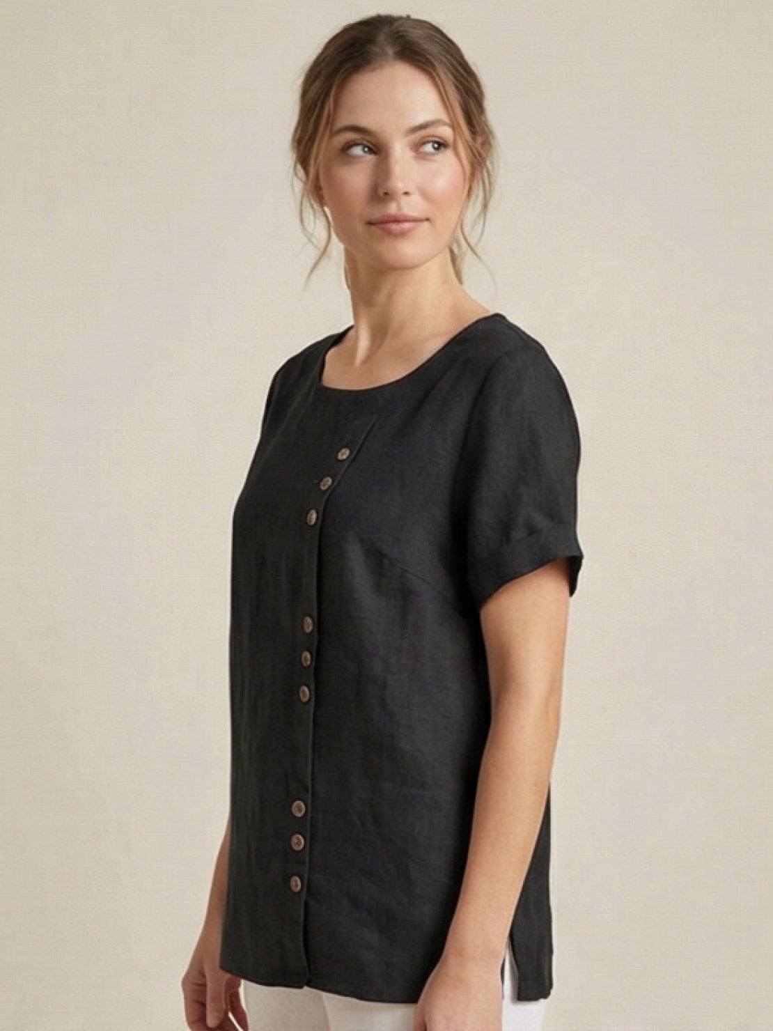 Joy | Linen Button Round Neck Blouse