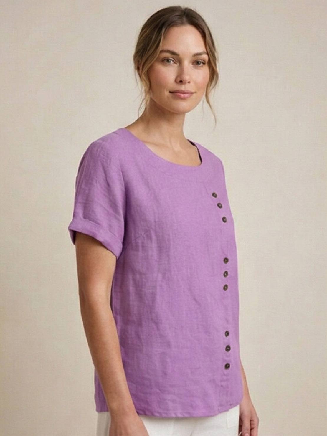 Joy | Linen Button Round Neck Blouse