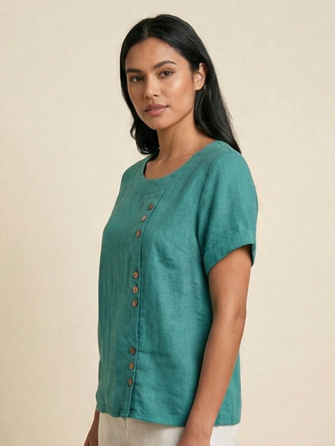 Joy | Linen Button Round Neck Blouse