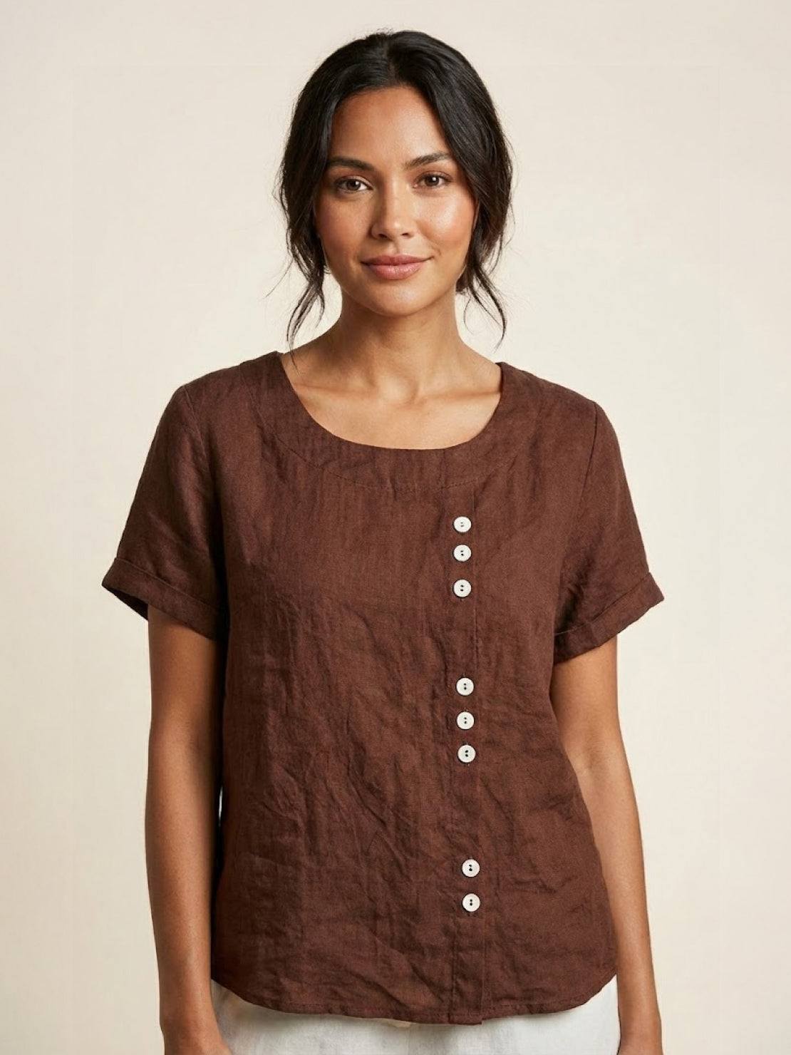 Joy | Linen Button Round Neck Blouse