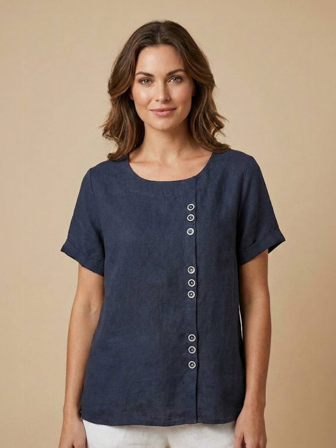 Joy | Linen Button Round Neck Blouse