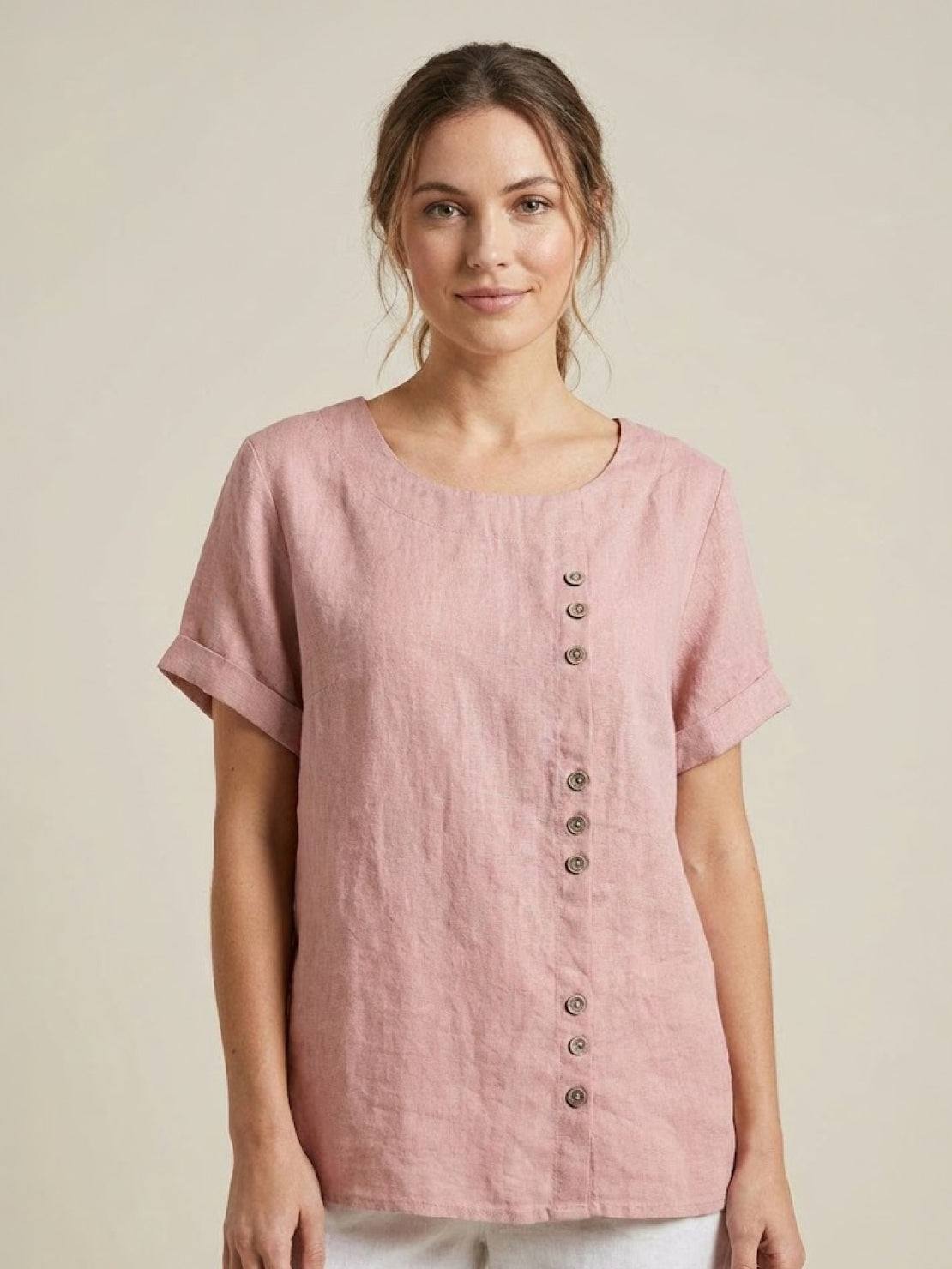 Joy | Linen Button Round Neck Blouse