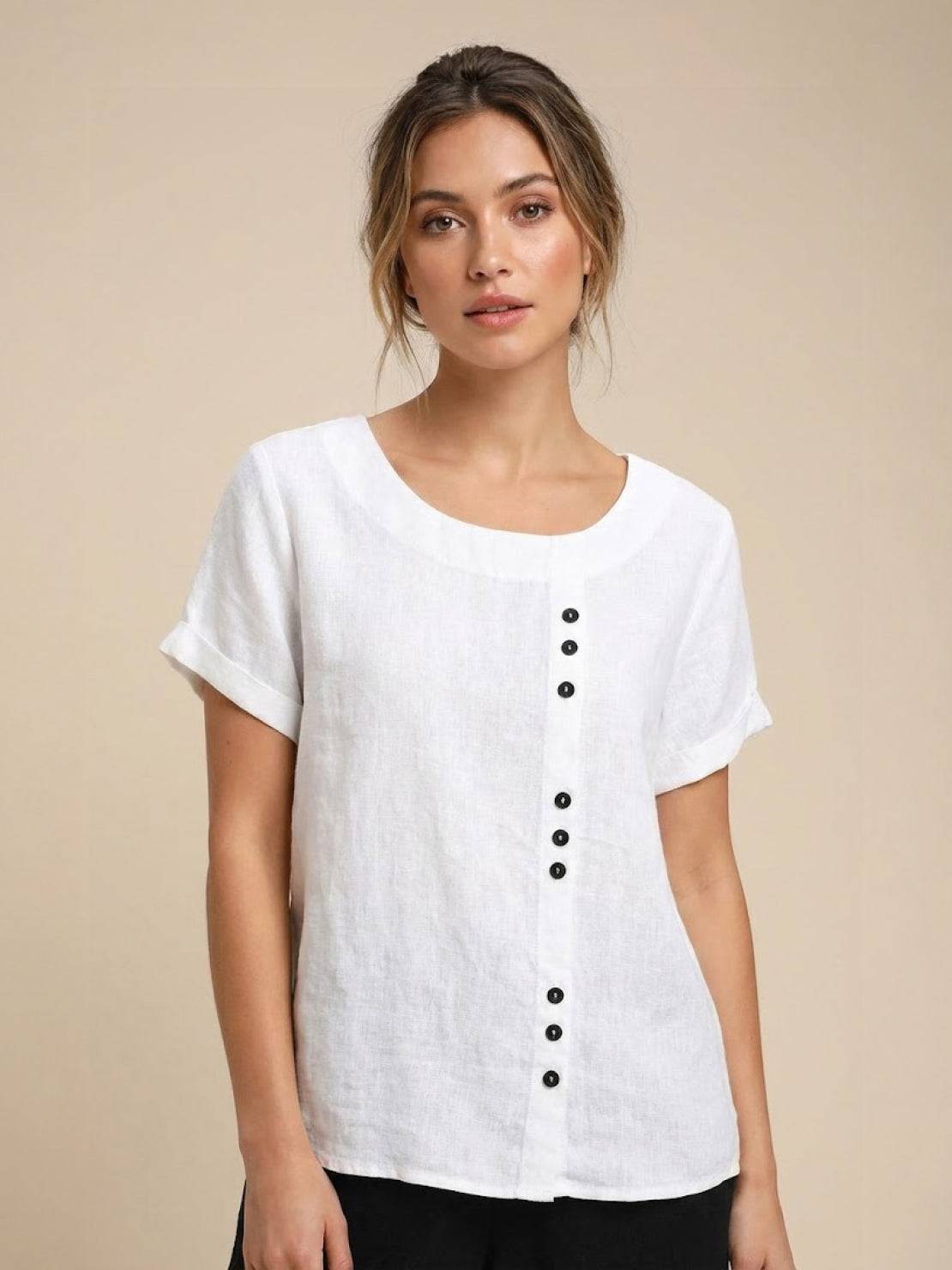 Joy | Linen Button Round Neck Blouse