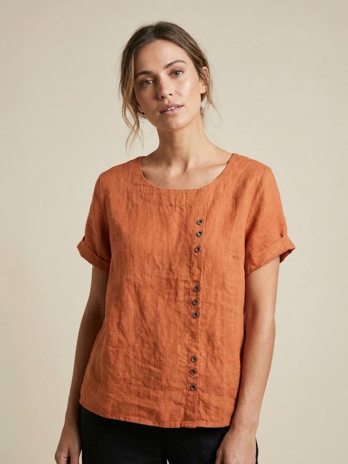 Joy | Linen Button Round Neck Blouse