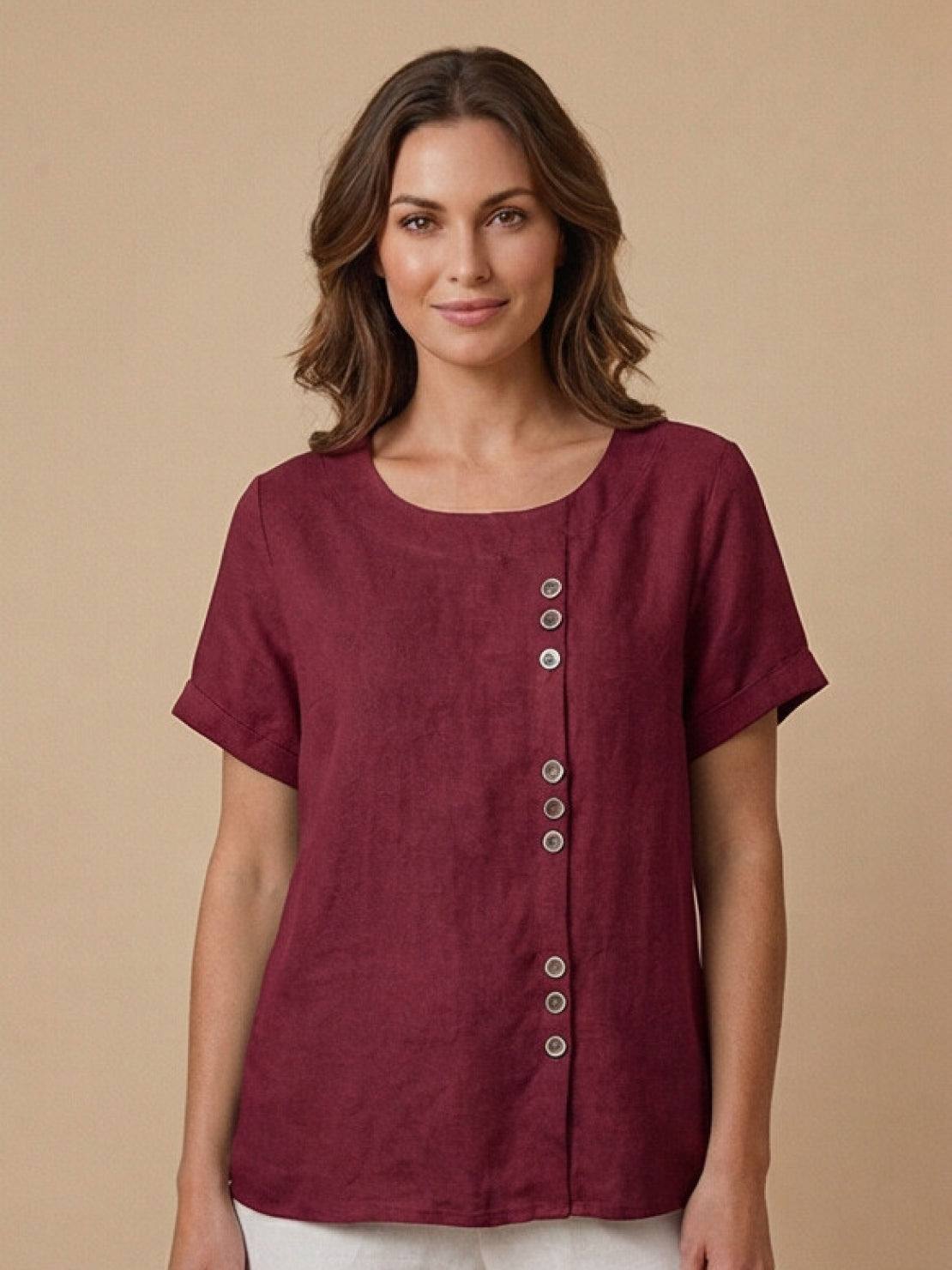 Joy | Linen Button Round Neck Blouse