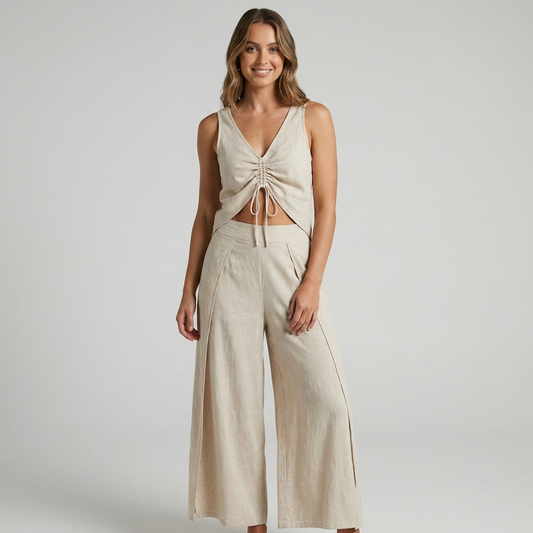 Kelly | Linen Two Piece Set V-Neck Crop Top Wide Leg Pants