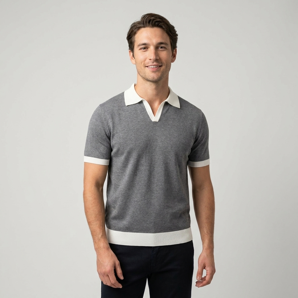 Khen | Men’s Short Sleeve Knitted Polo Shirt with Ribbed Cuffs