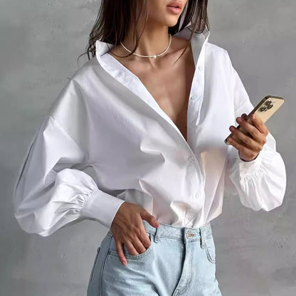 Women's Oversized Blouse - Button-Up Collared with Puff Sleeves