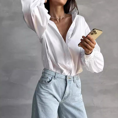 Women's Oversized Blouse - Button-Up Collared with Puff Sleeves