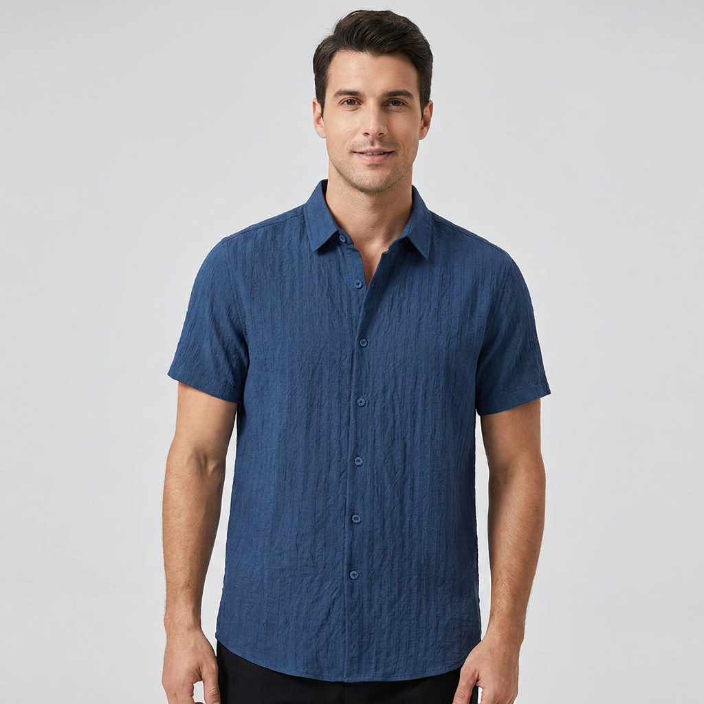 Philippe | Men’s Short Sleeve Textured Stripe Shirt with Point Collar