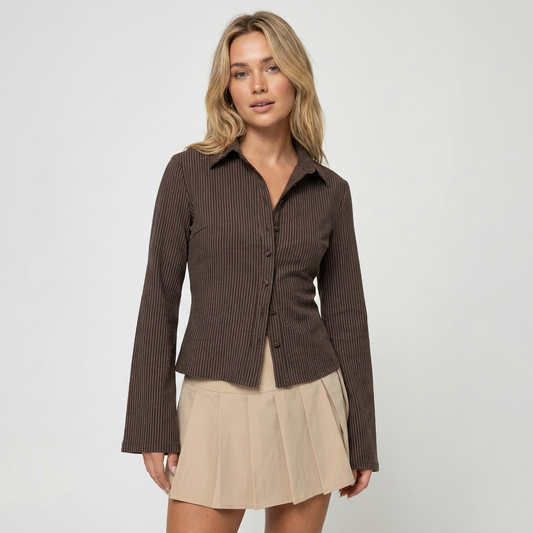 Shanely | Women’s Stripe Button-Through Blouse with Flared Sleeves