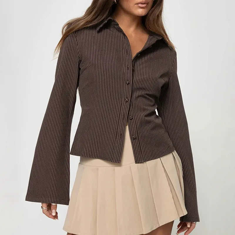 Shanely | Women’s Stripe Button-Through Blouse with Flared Sleeves