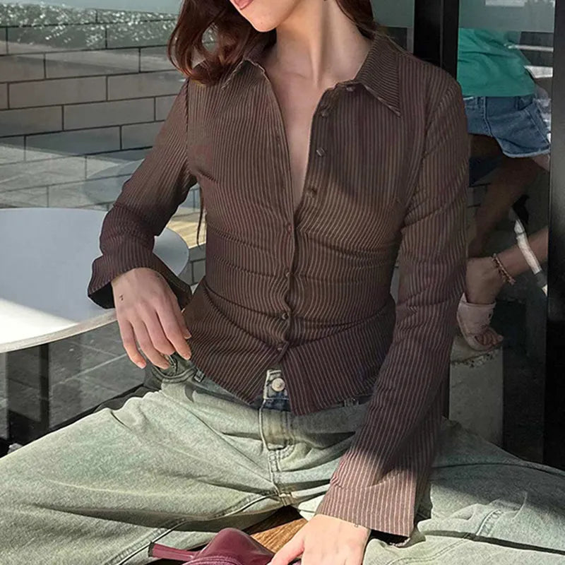 Shanely | Women’s Stripe Button-Through Blouse with Flared Sleeves