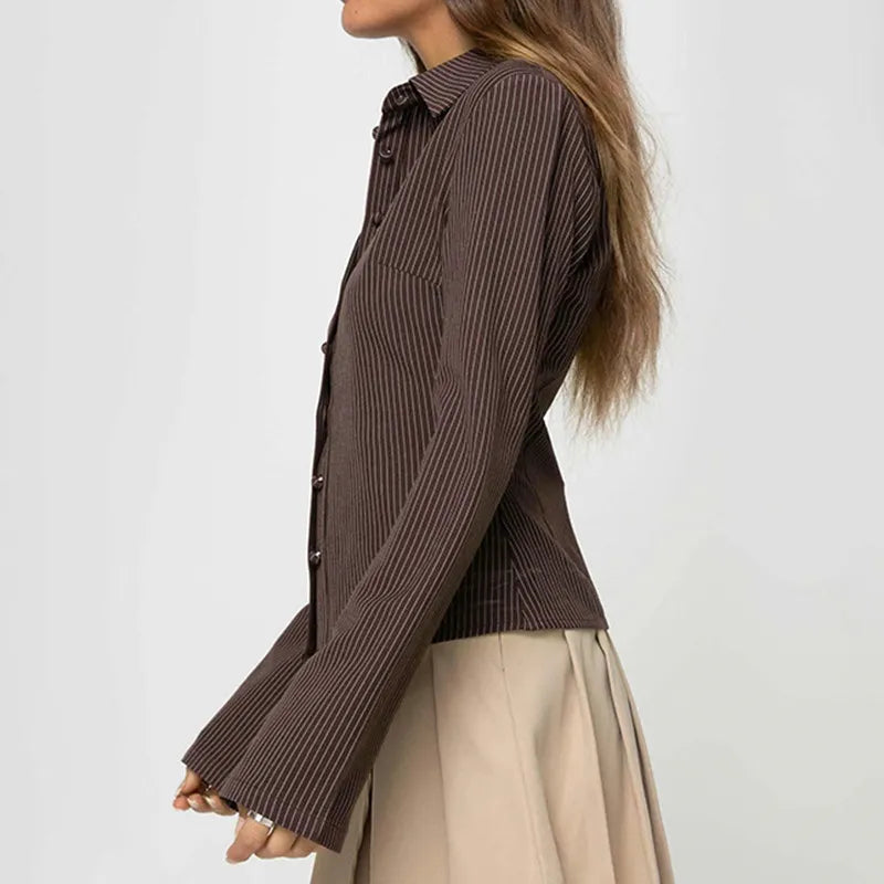 Shanely | Women’s Stripe Button-Through Blouse with Flared Sleeves