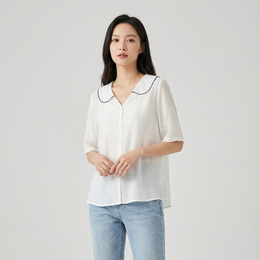 Shryle | Lace Collar Button-Up Short Sleeve Blouse