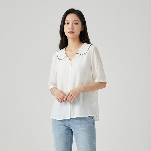 Shryle | Lace Collar Button-Up Short Sleeve Blouse