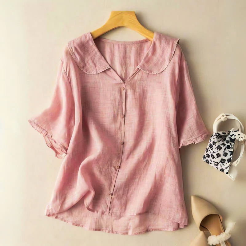 Shryle | Lace Collar Button-Up Short Sleeve Blouse