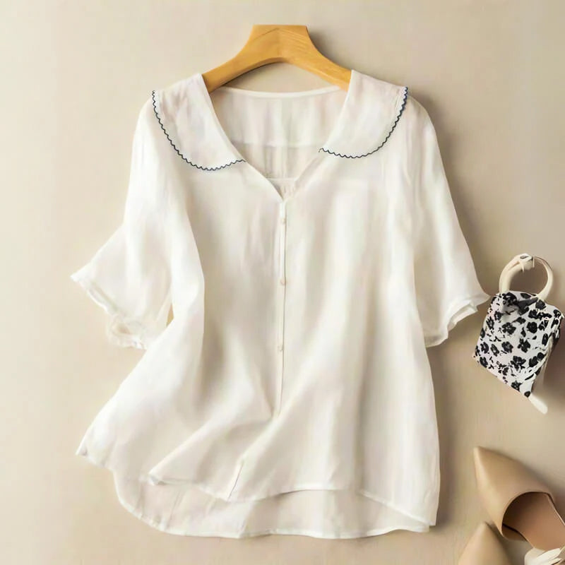 Shryle | Lace Collar Button-Up Short Sleeve Blouse