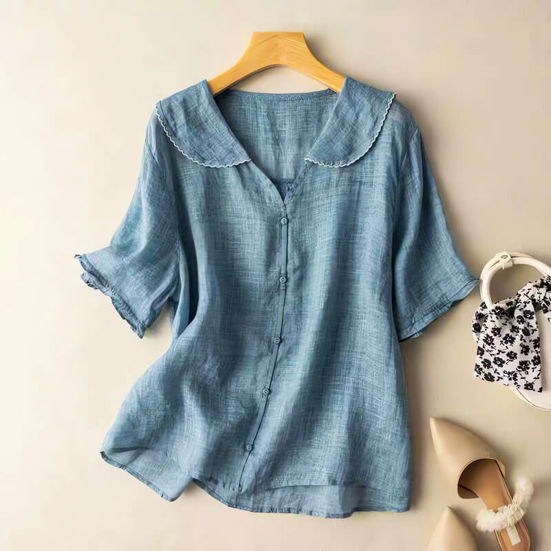 Shryle | Lace Collar Button-Up Short Sleeve Blouse