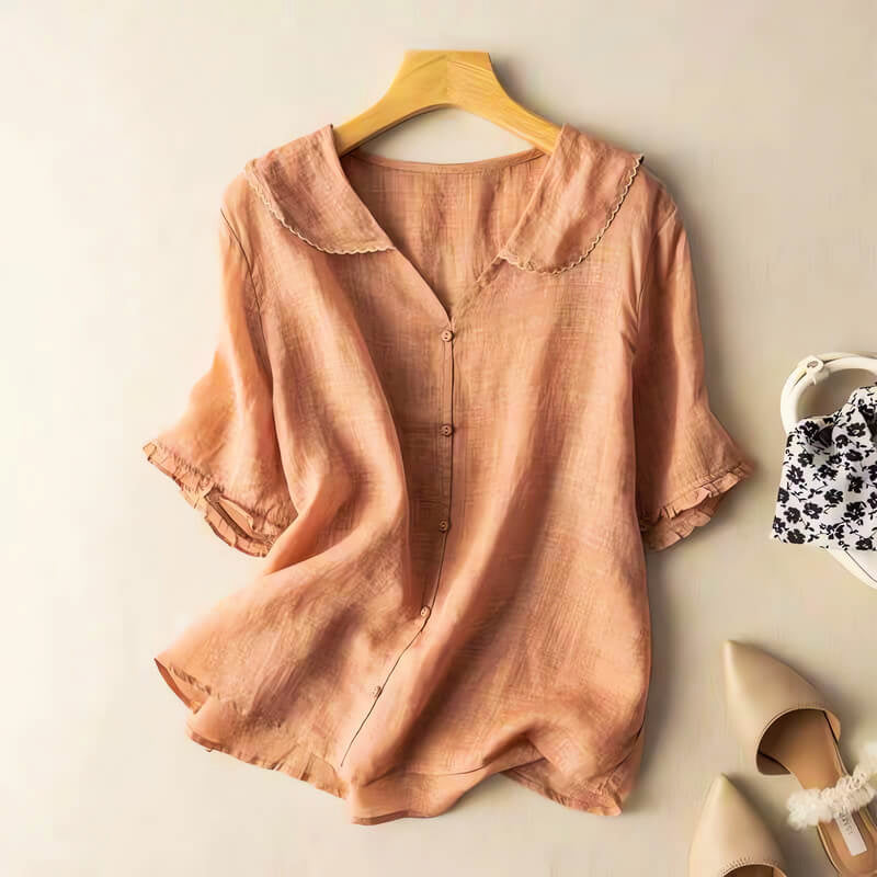 Shryle | Lace Collar Button-Up Short Sleeve Blouse